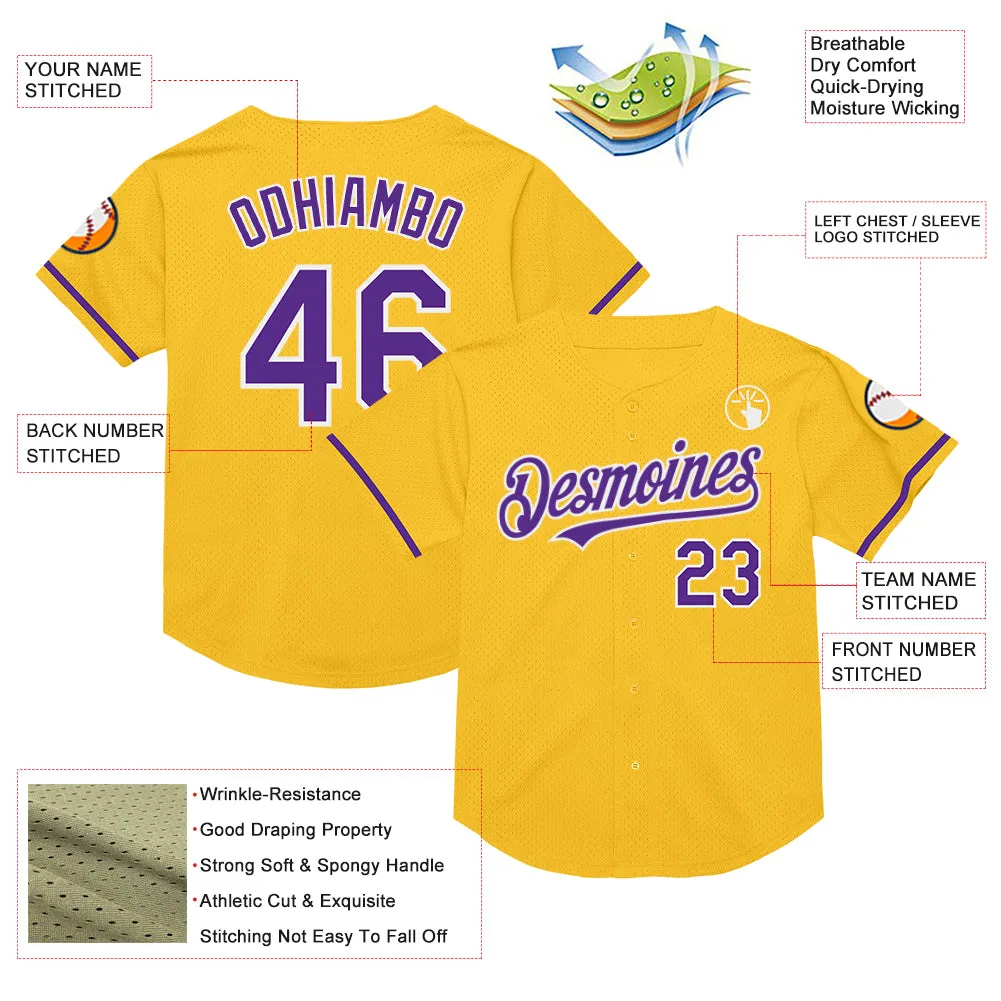 Custom Gold Purple-White Mesh Authentic Throwback Baseball Jersey
