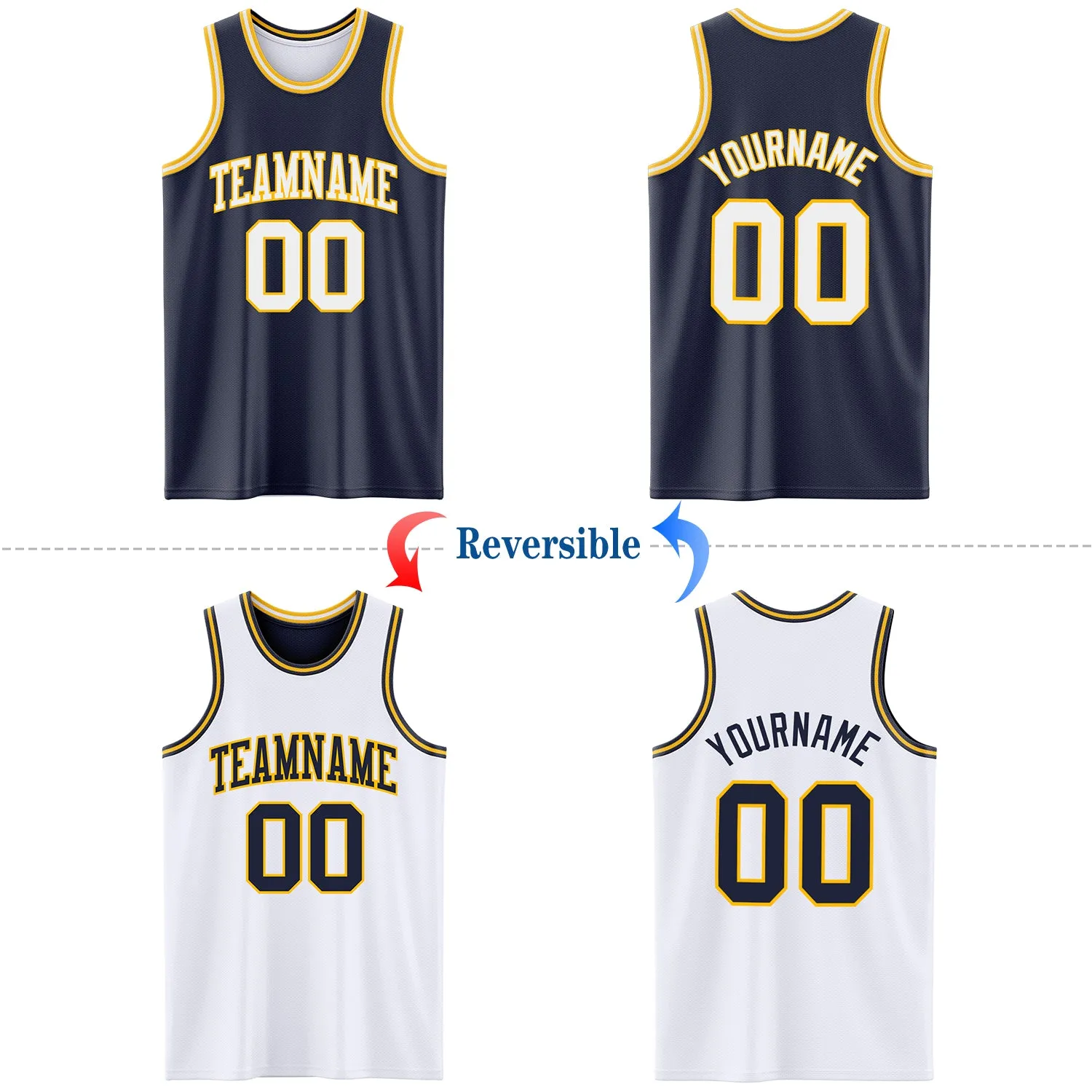 Custom Navy White-Gold Reversible Double Side Basketball Jersey