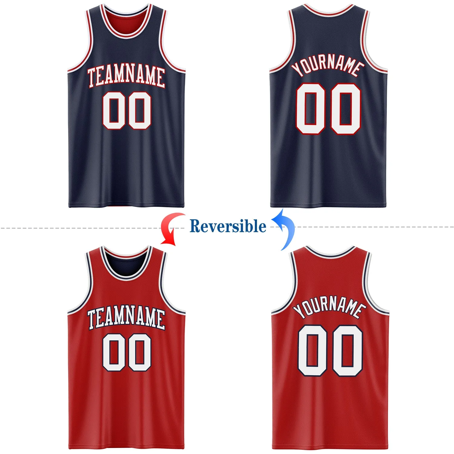 Custom Navy White-Red Reversible Double Side Basketball Jersey