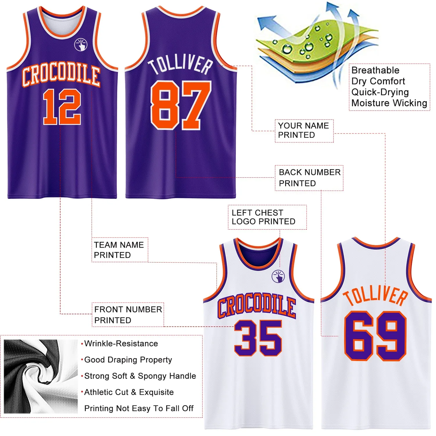 Custom Purple Orange-White Reversible Double Side Basketball Jersey