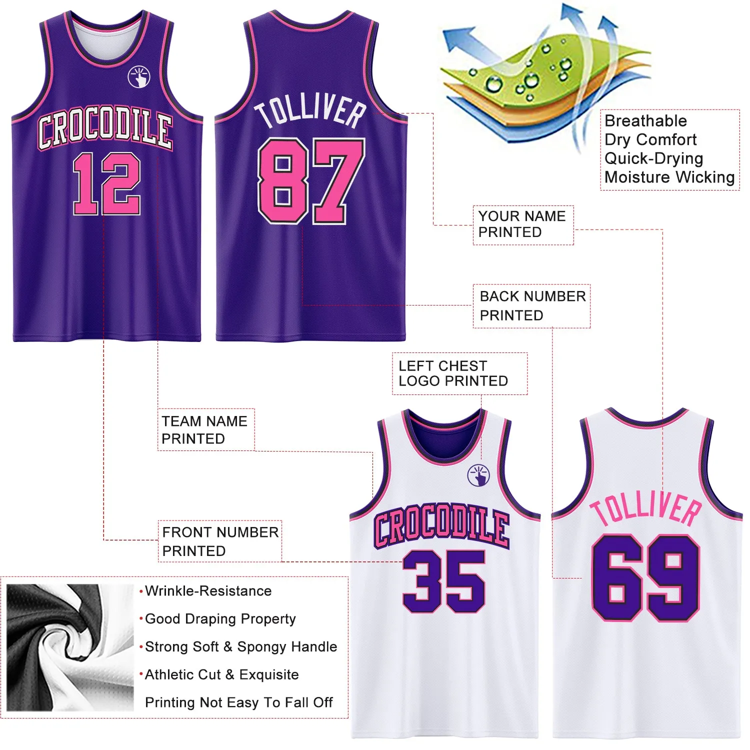 Custom Purple Pink Black-White Reversible Double Side Basketball Jersey