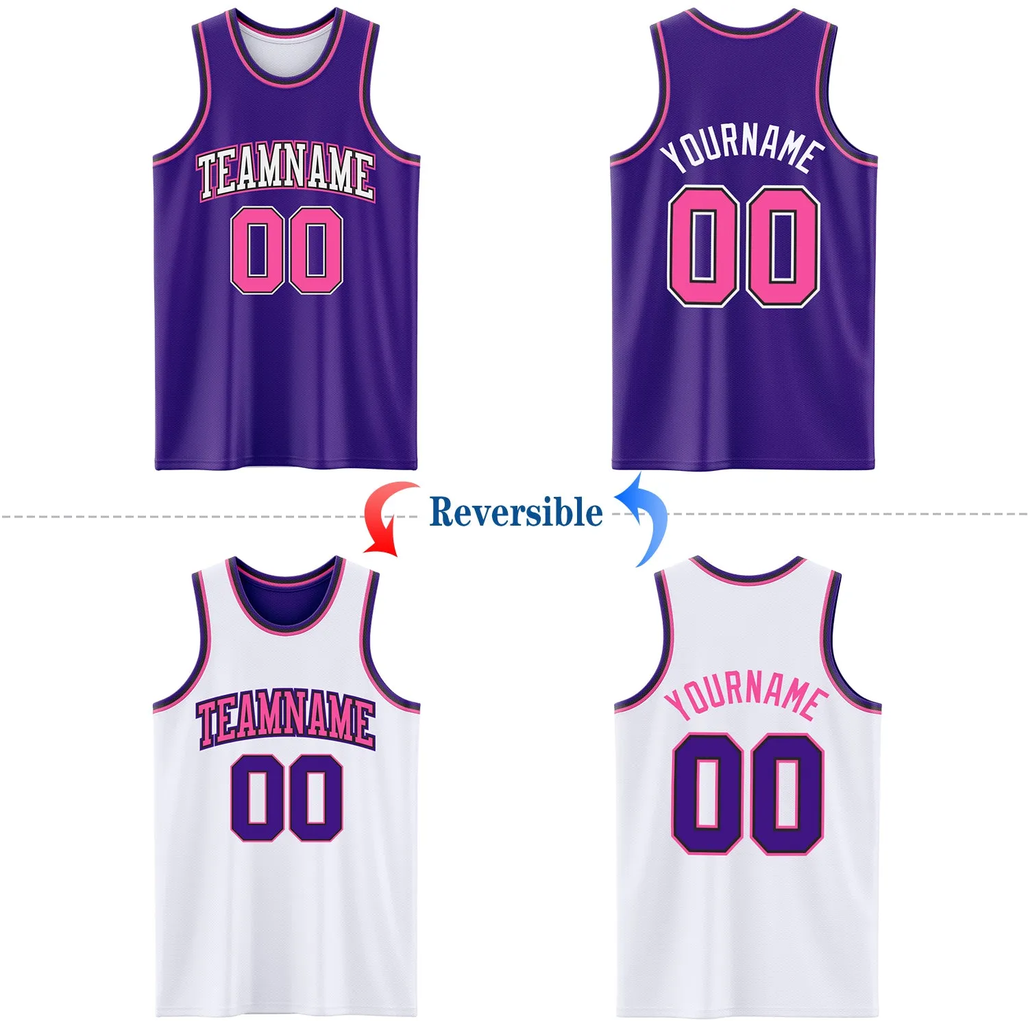 Custom Purple Pink Black-White Reversible Double Side Basketball Jersey