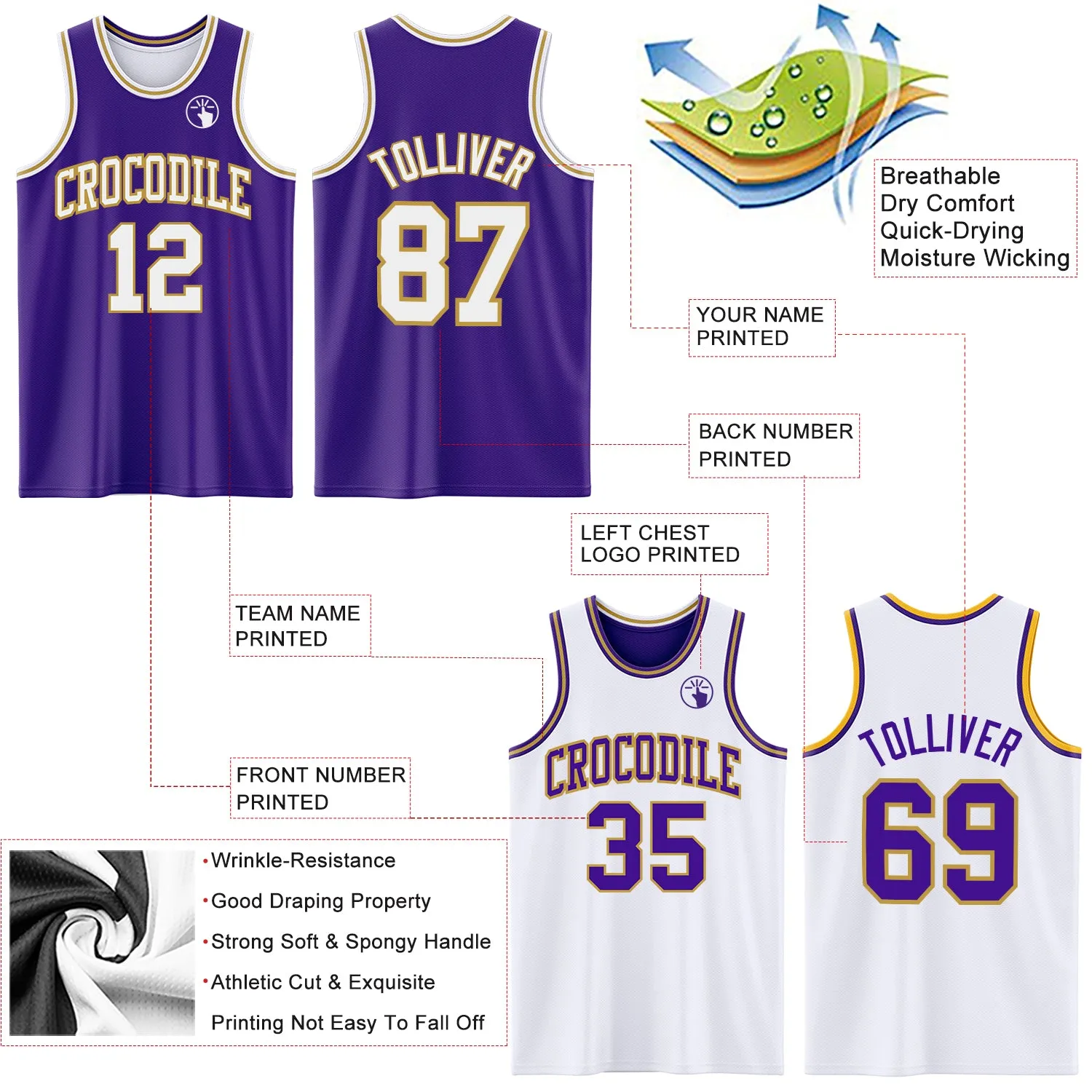 Custom Purple White-Old Gold Reversible Double Side Basketball Jersey