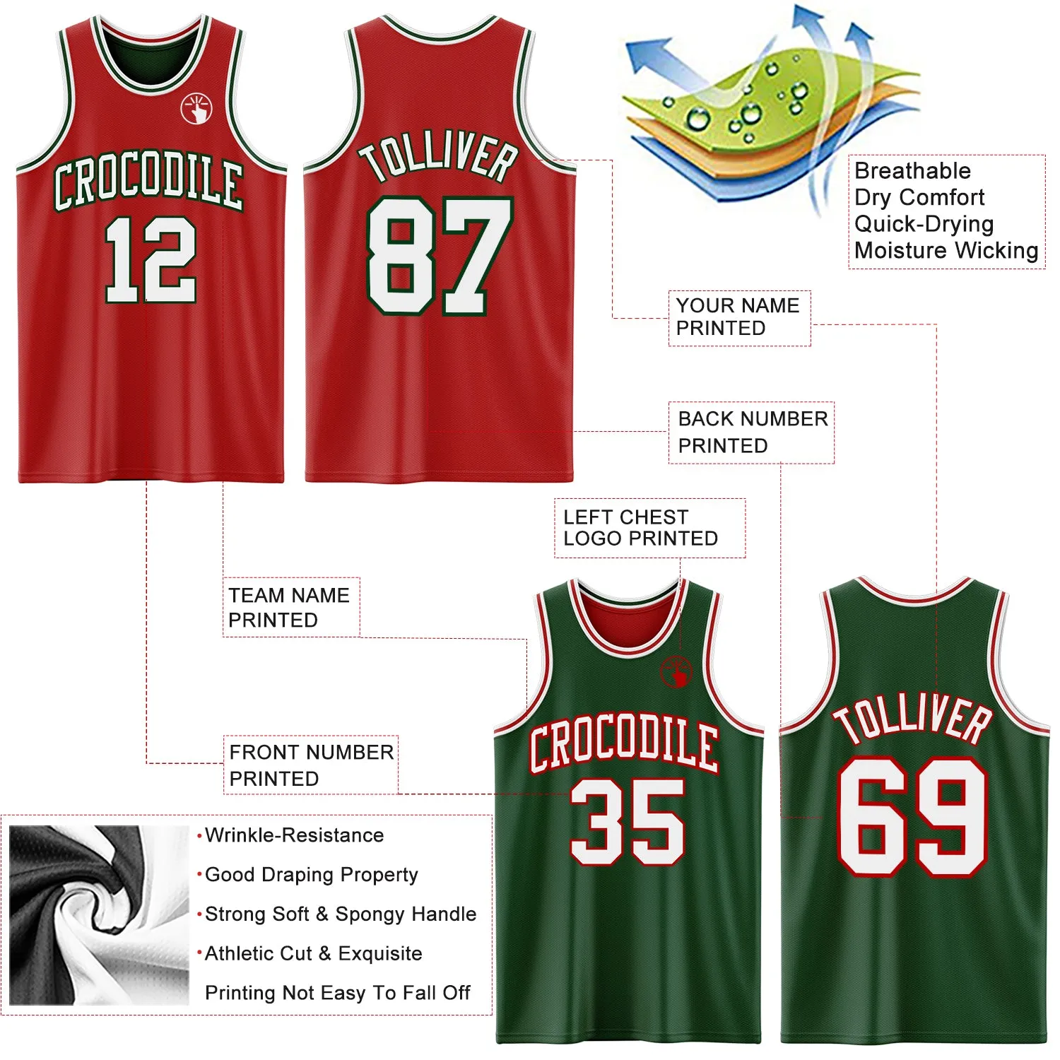 Custom Red White-Green Reversible Double Side Basketball Jersey