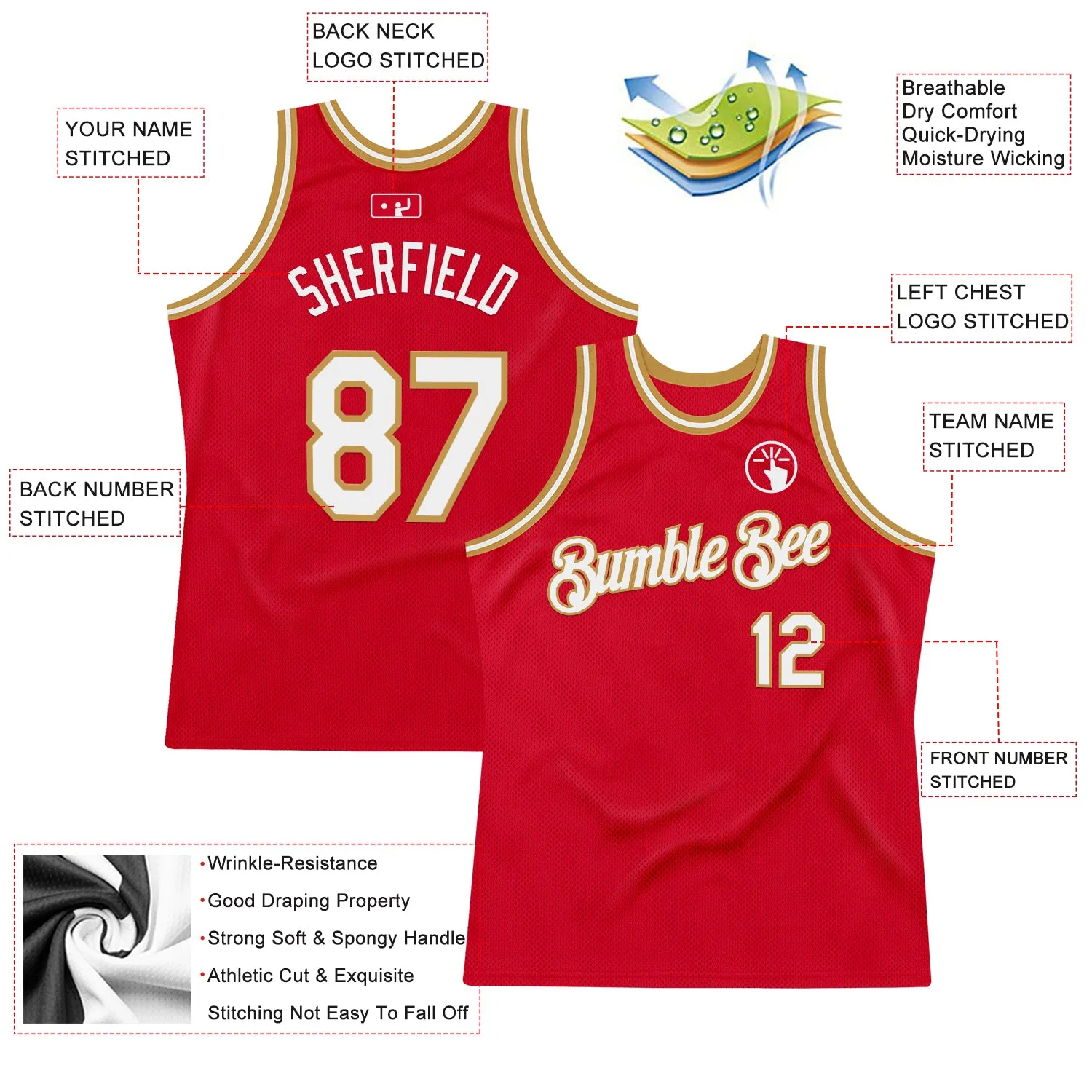 Custom Red White-Old Gold Authentic Throwback Basketball Jersey