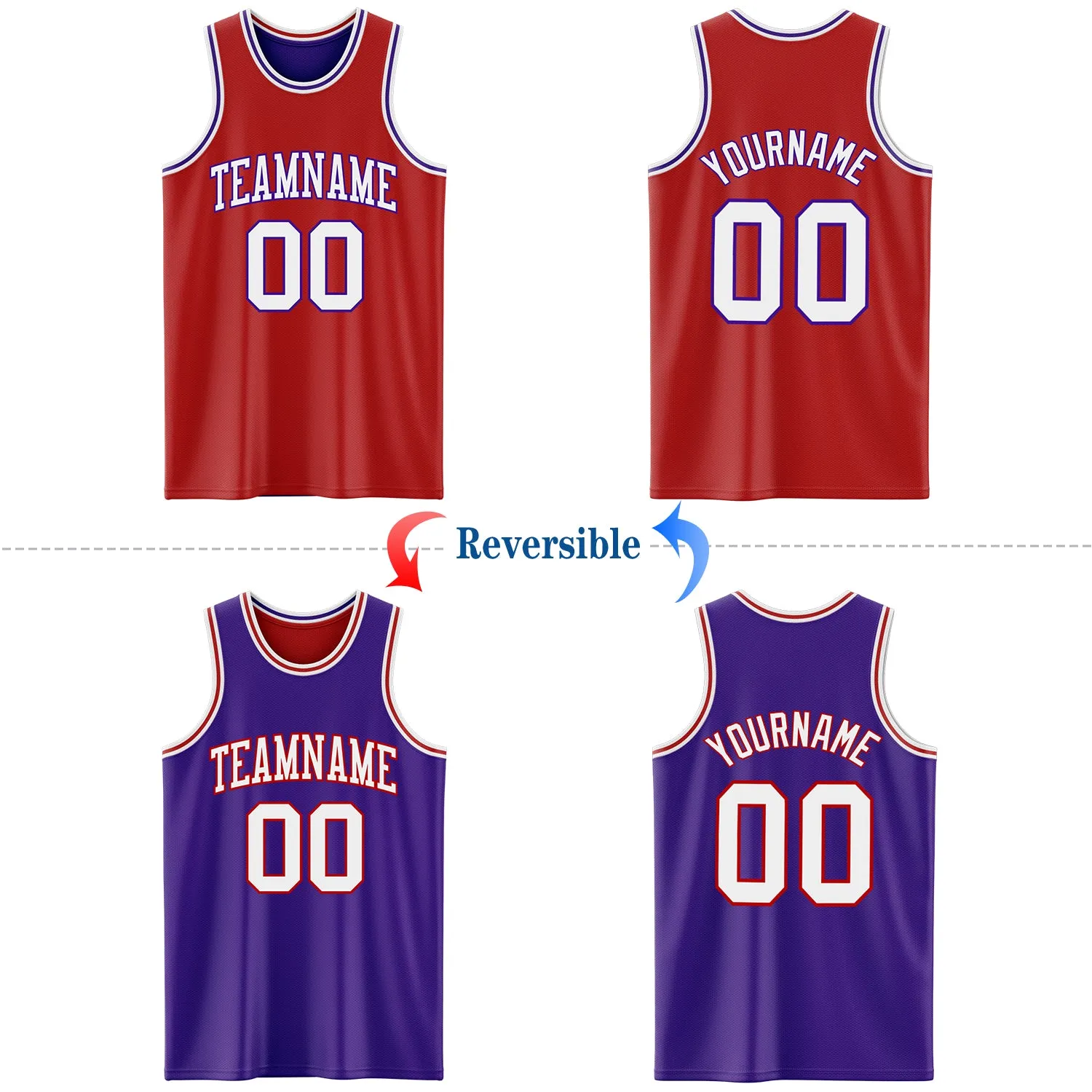 Custom Red White-Purple Reversible Double Side Basketball Jersey