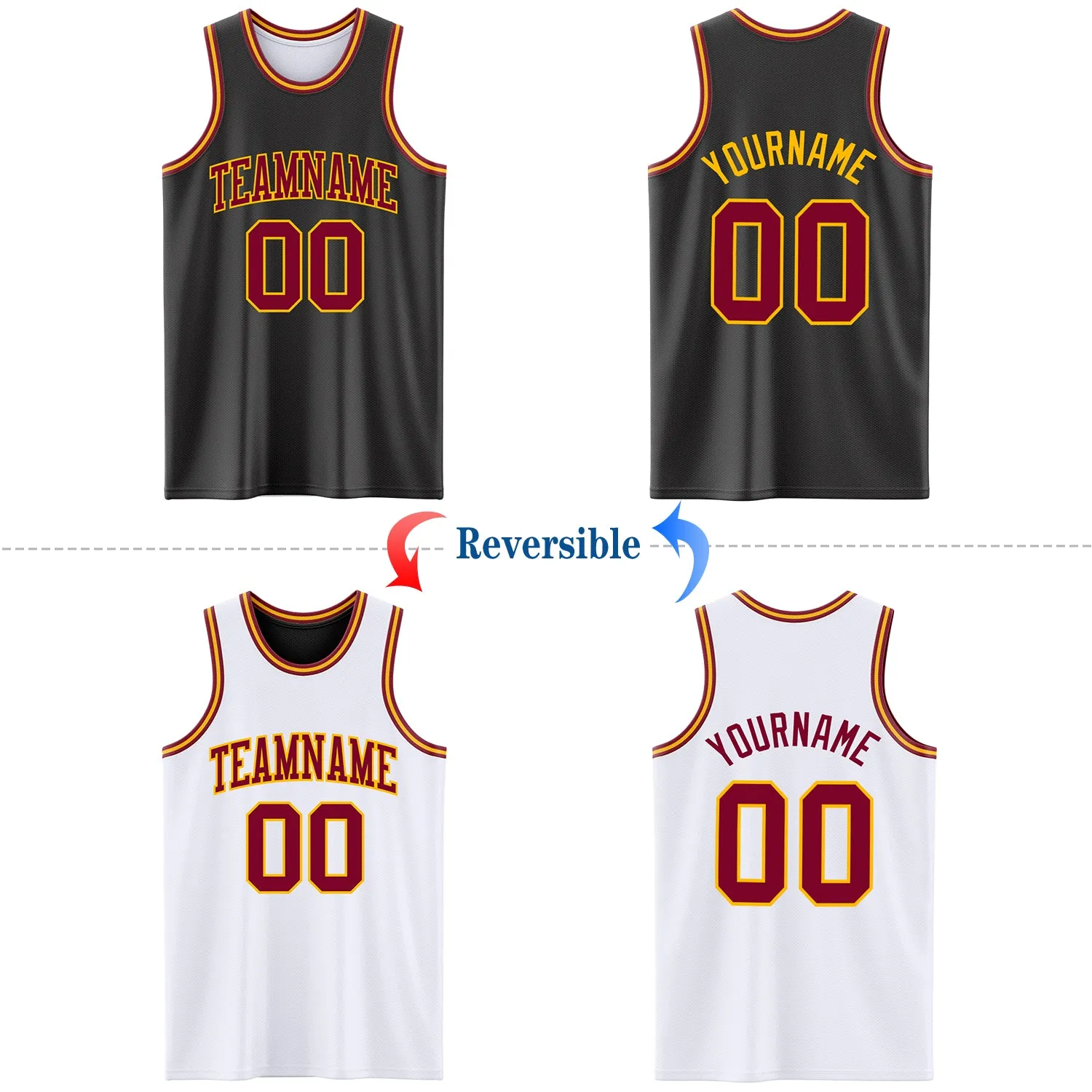Custom Reversible Black Maroon-Gold Double Side Basketball Jersey