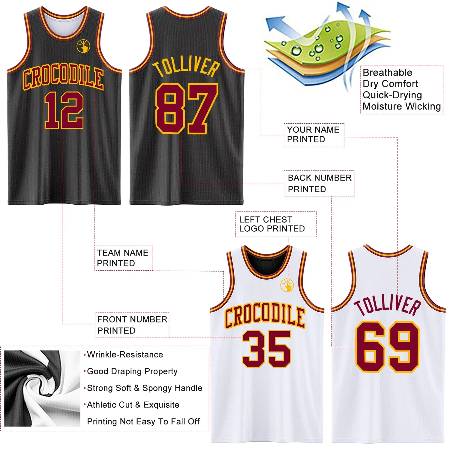 Custom Reversible Black Maroon-Gold Double Side Basketball Jersey