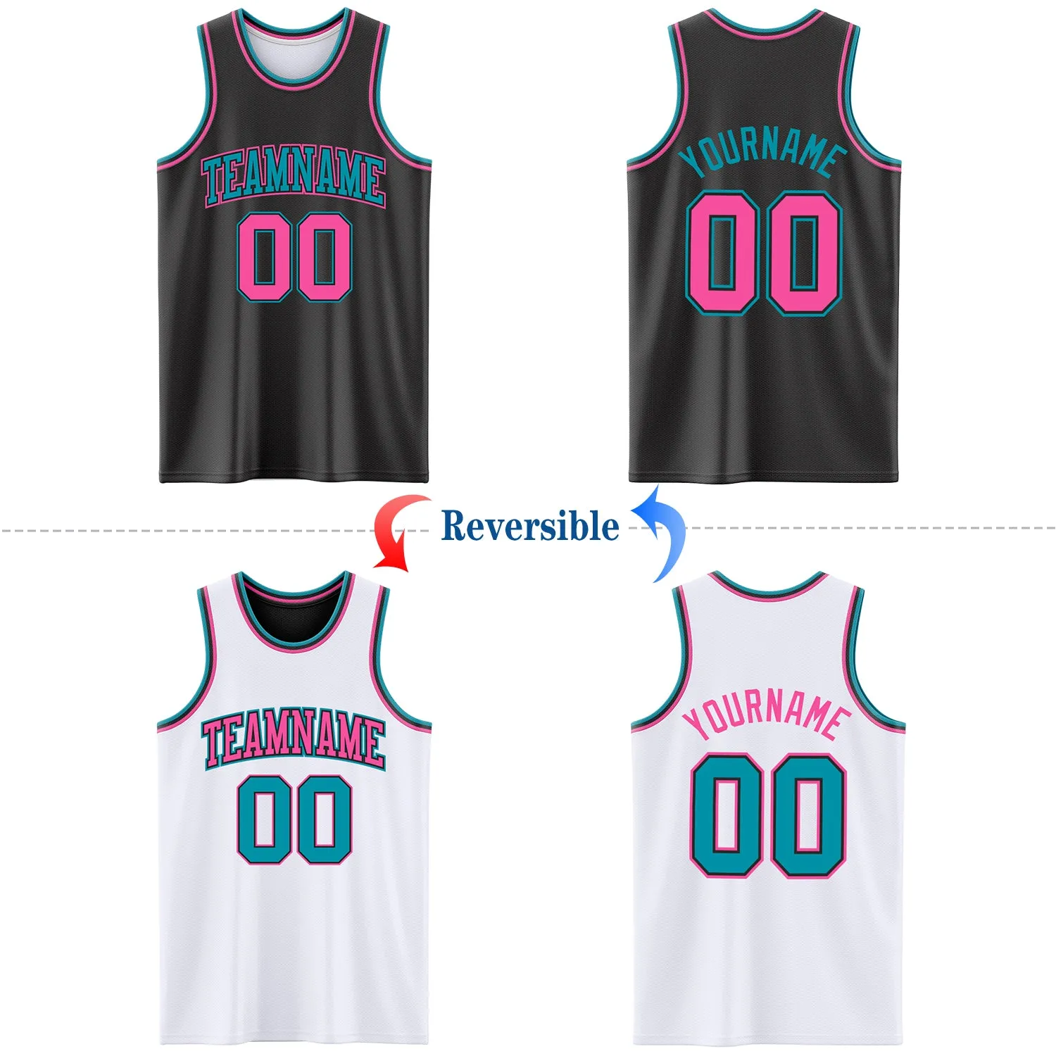 Custom Reversible Black Pink-Teal Double Side Basketball Jersey