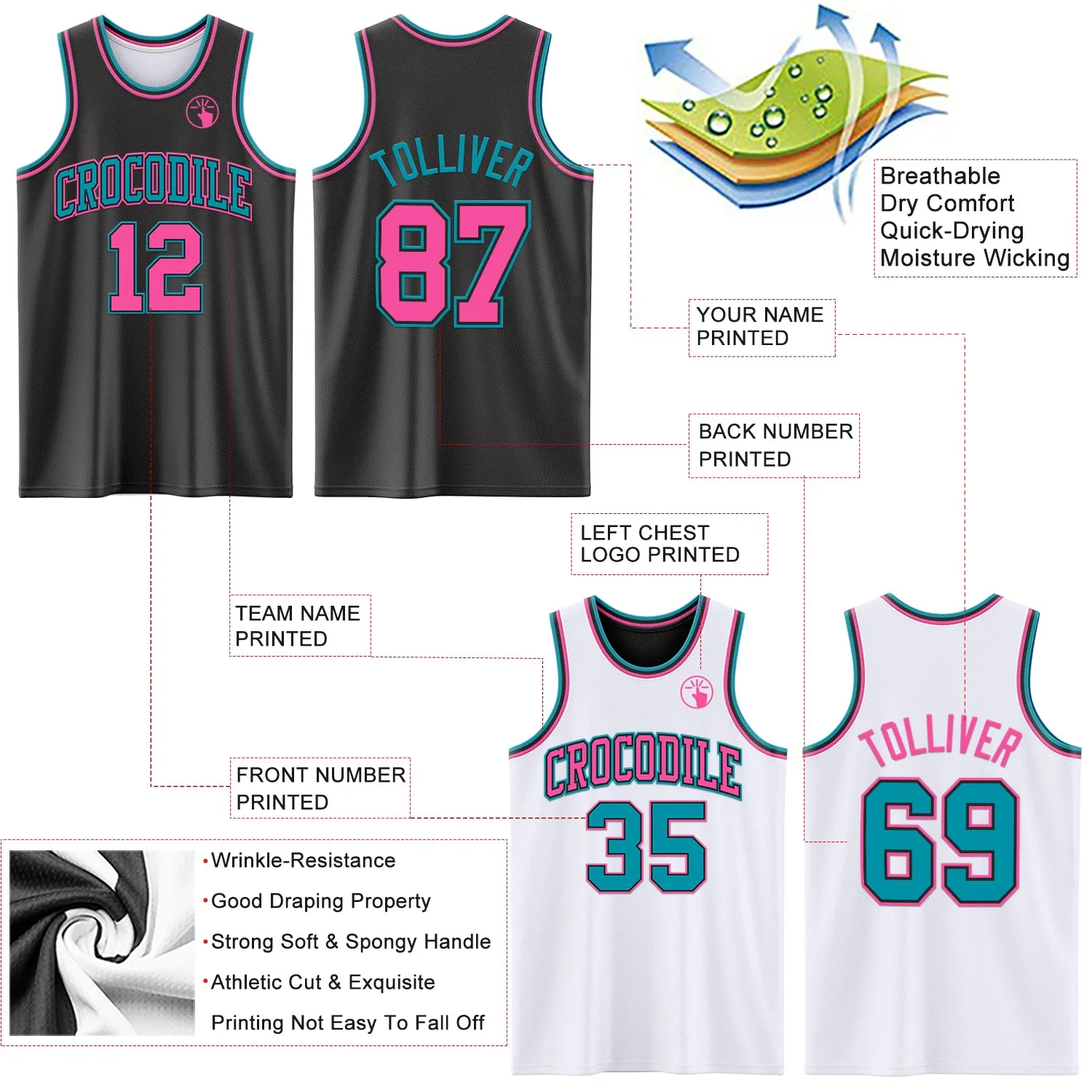 Custom Reversible Black Pink-Teal Double Side Basketball Jersey