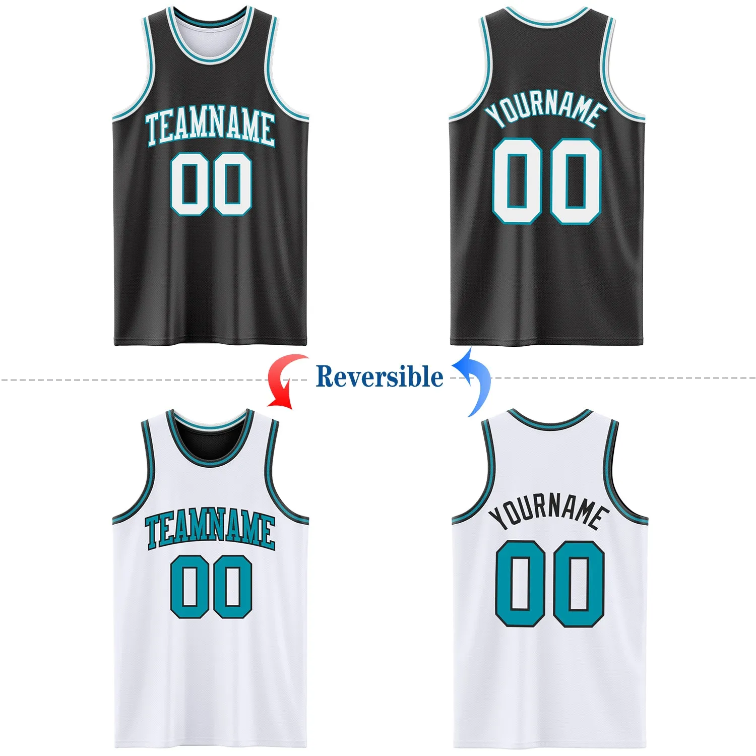 Custom Reversible Black White-Teal Double Side Basketball Jersey