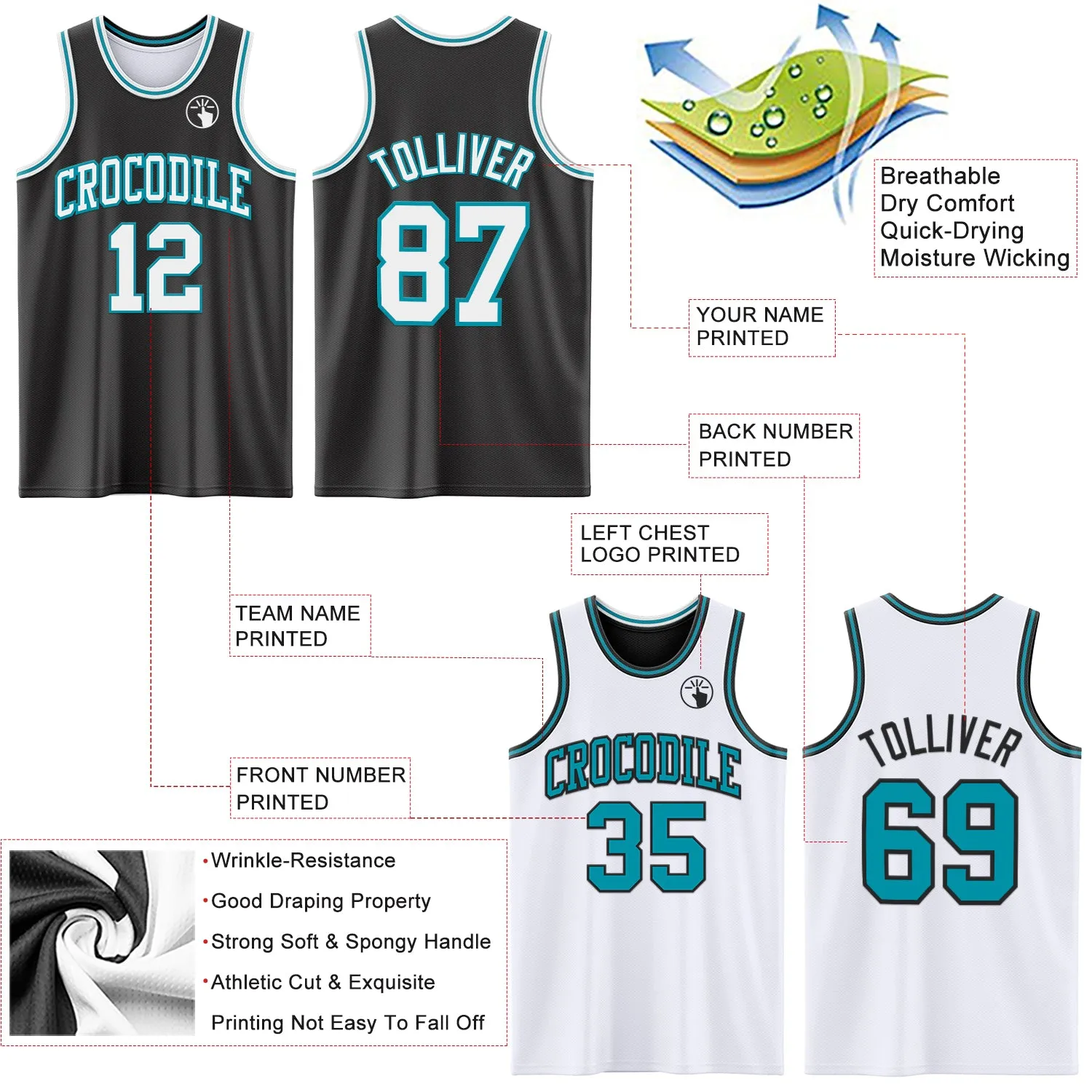 Custom Reversible Black White-Teal Double Side Basketball Jersey