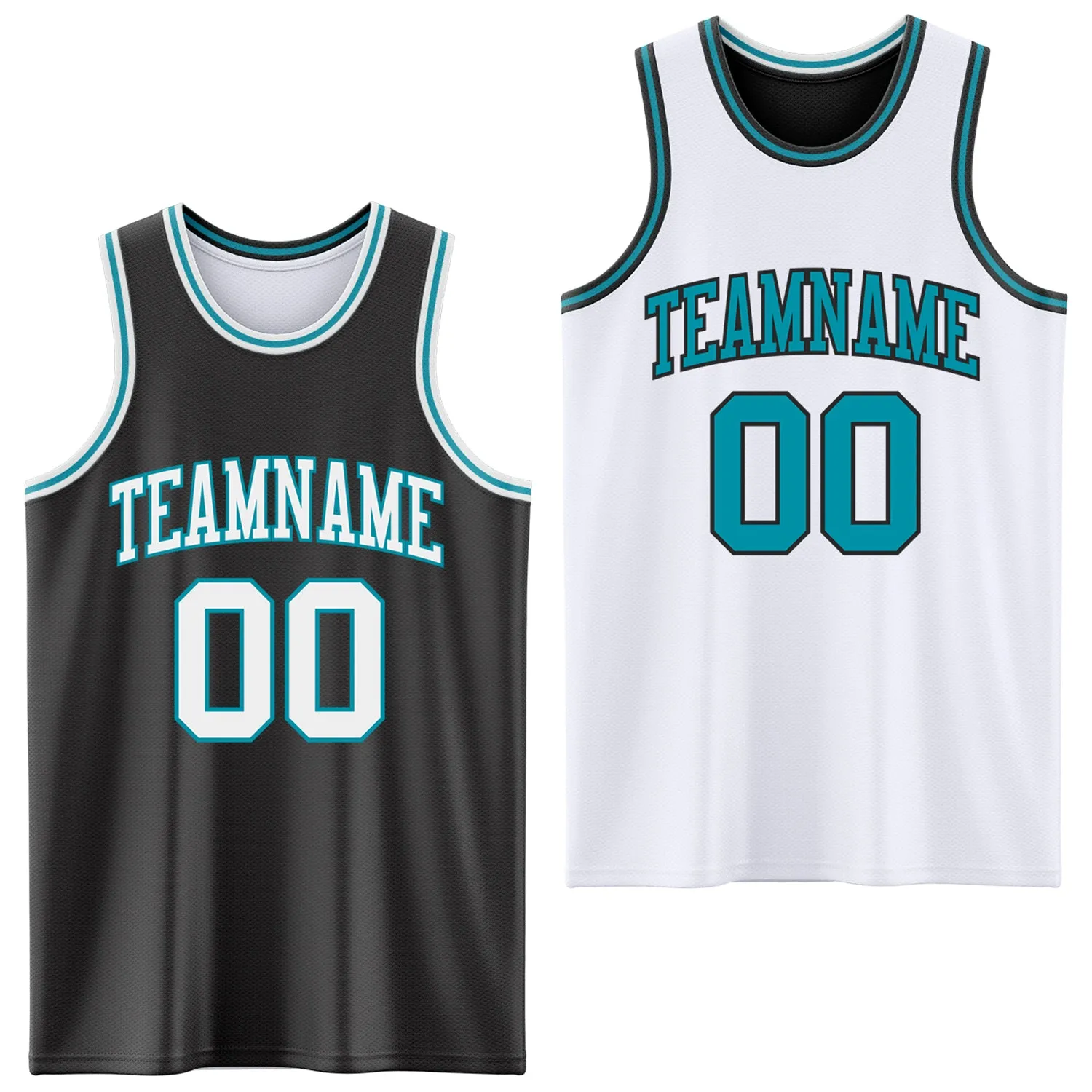 Custom Reversible Black White-Teal Double Side Basketball Jersey