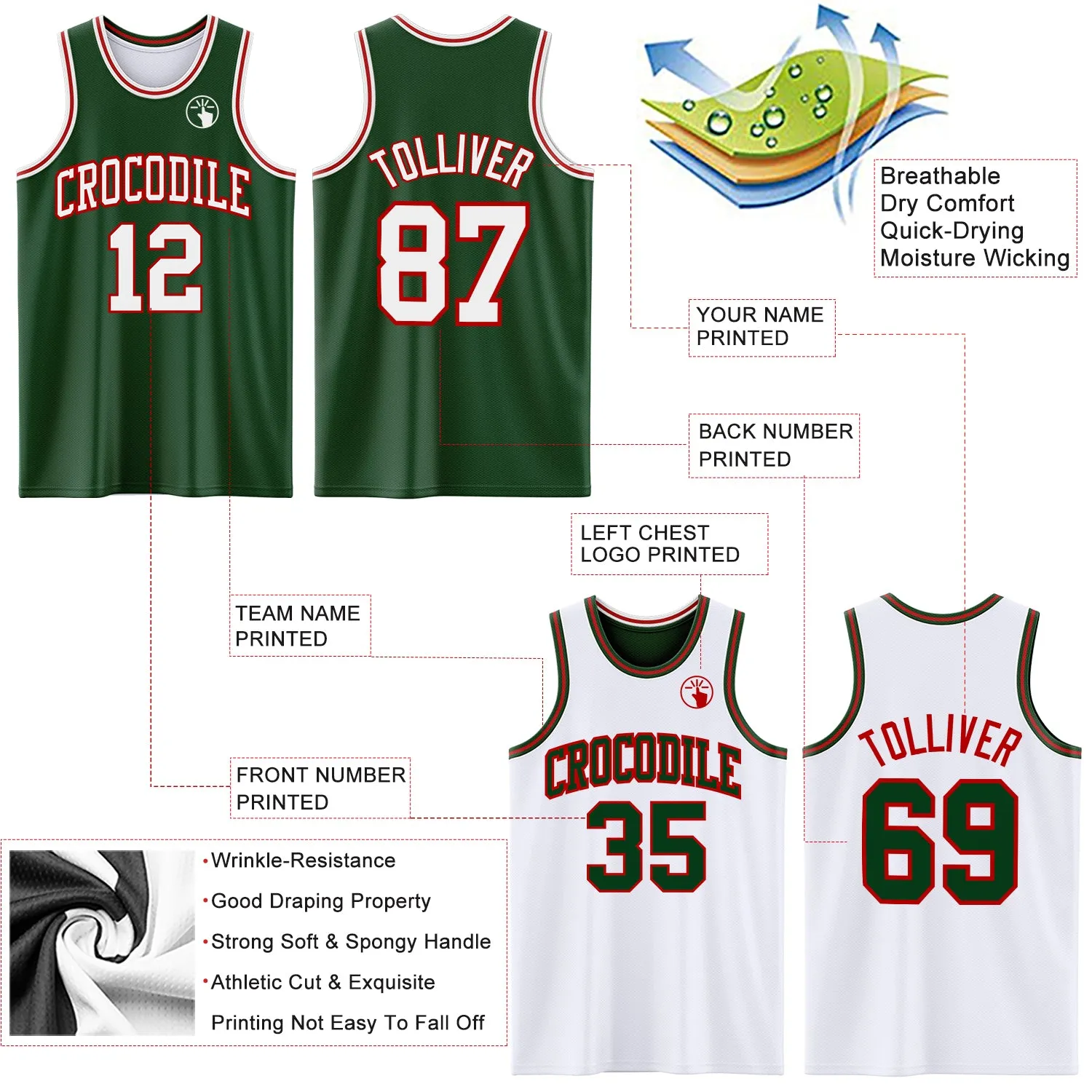 Custom Reversible Green White-Red Double Side Basketball Jersey