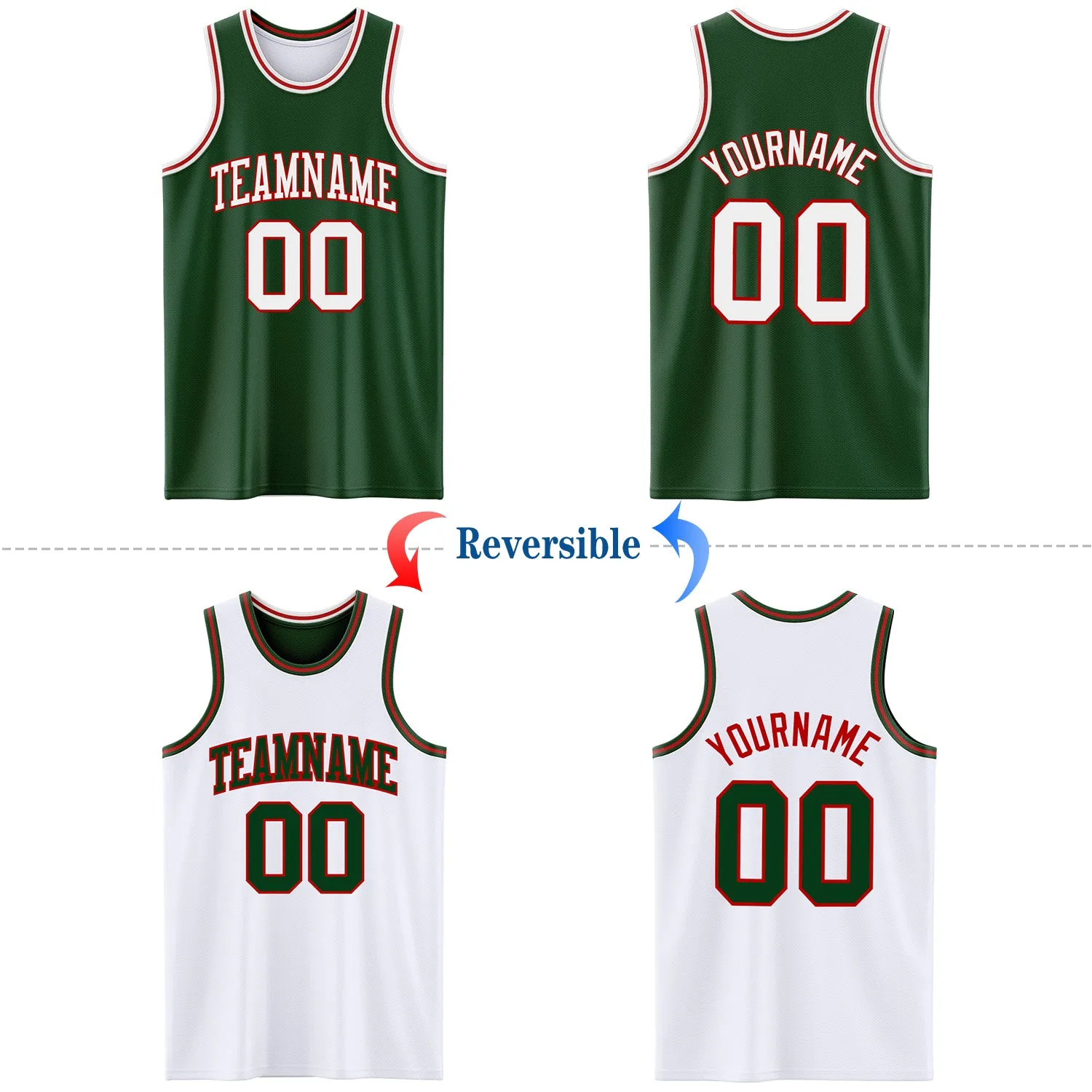 Custom Reversible Green White-Red Double Side Basketball Jersey