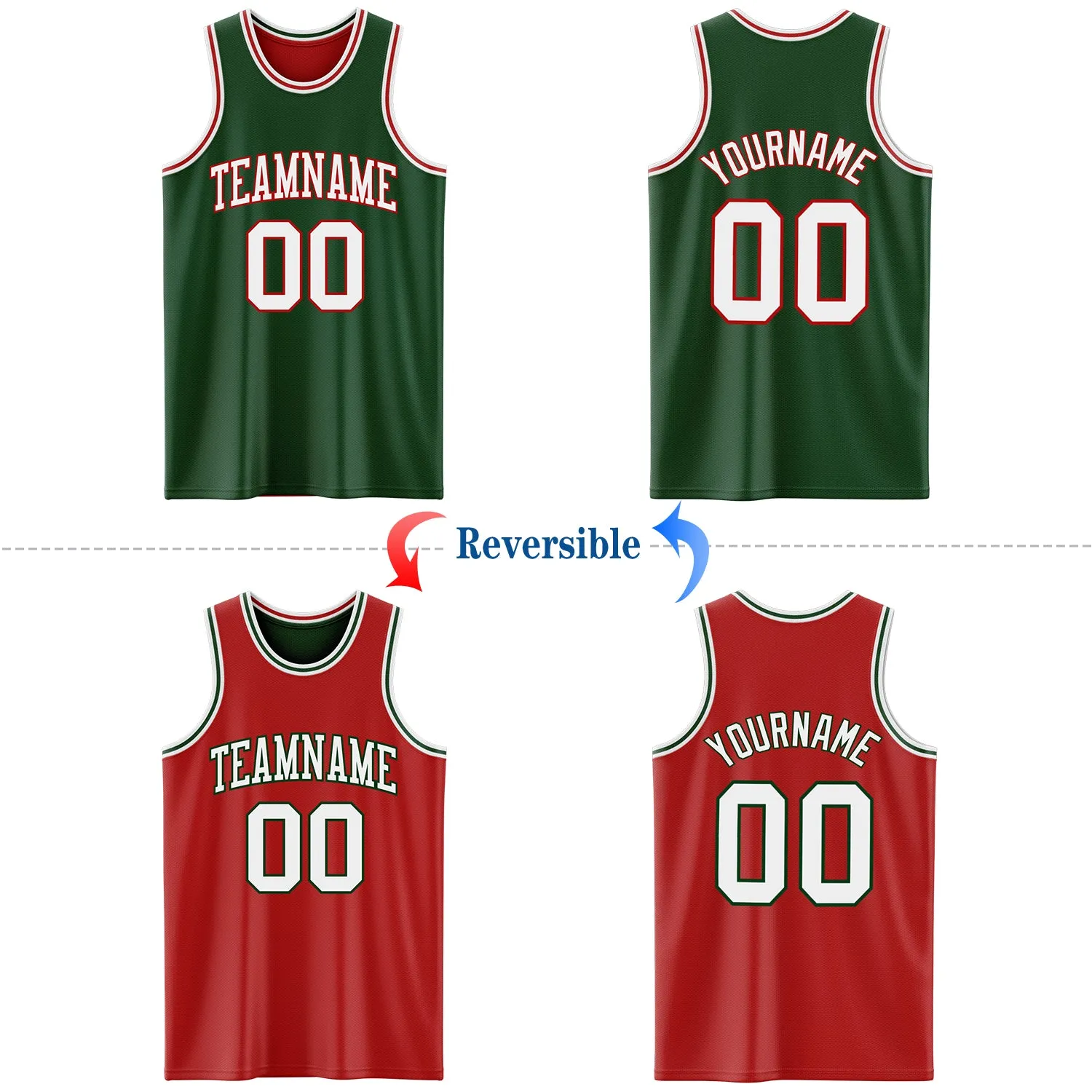 Custom Reversible Green White-Red Double Side Basketball Jersey