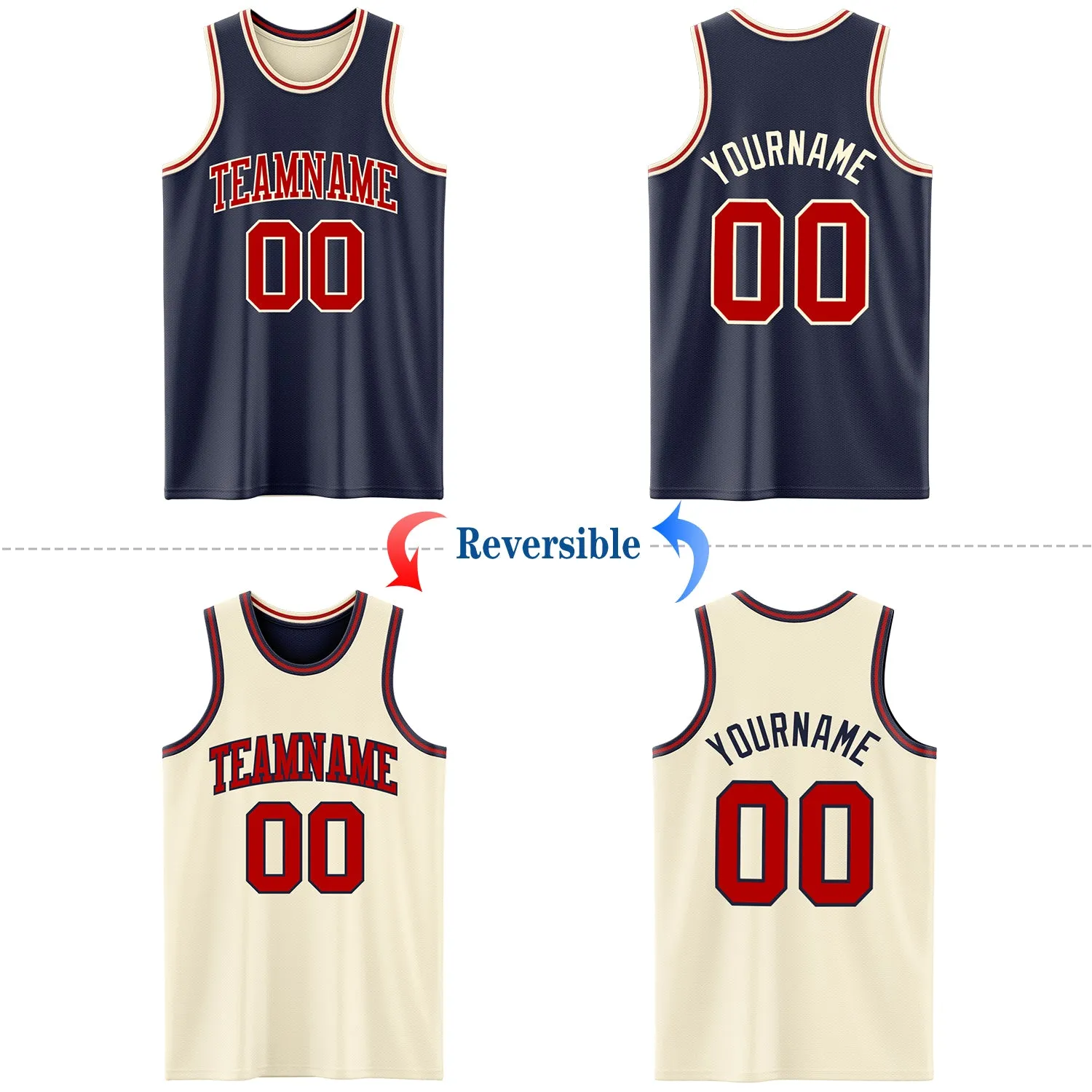 Custom Reversible Navy Red-Cream Double Side Basketball Jersey