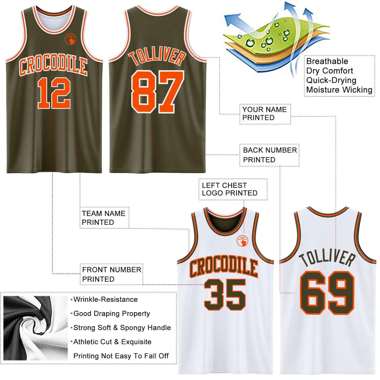 Custom Reversible Olive Orange-White Double Side Salute To Service Basketball Jersey