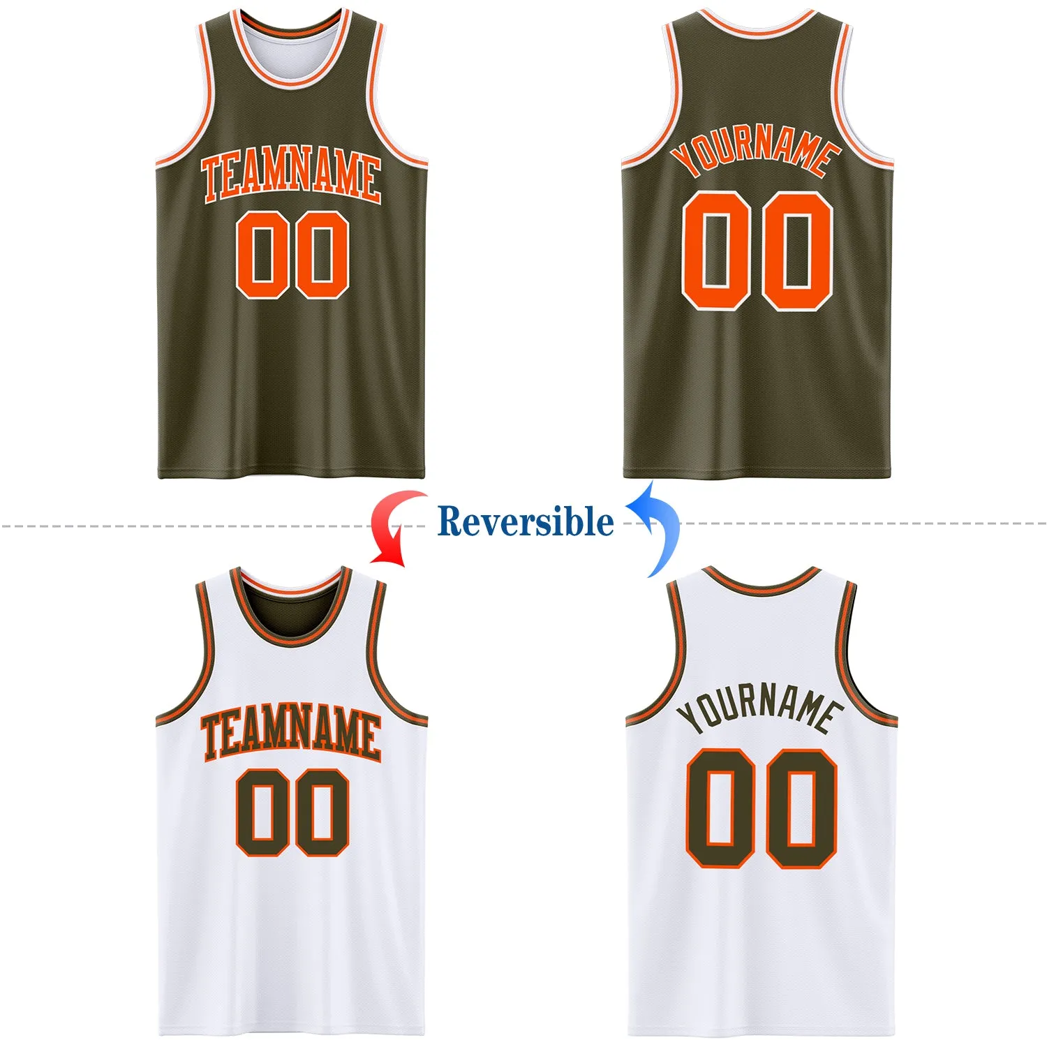 Custom Reversible Olive Orange-White Double Side Salute To Service Basketball Jersey