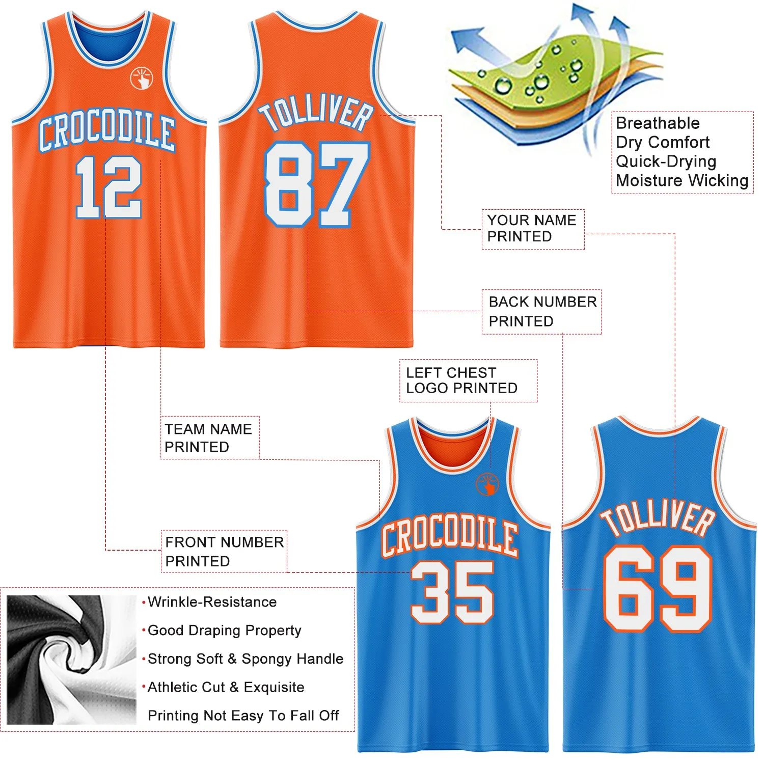 Custom Reversible Orange White-Powder Blue Double Side Basketball Jersey
