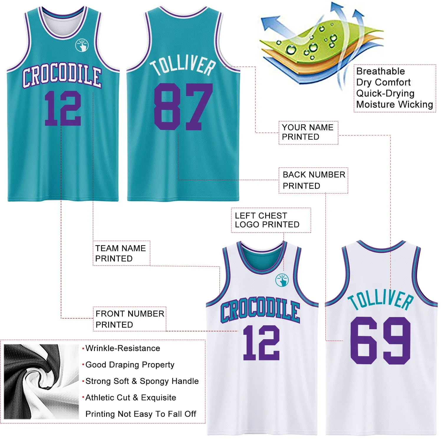 Custom Reversible Teal Purple-White Double Side Basketball Jersey