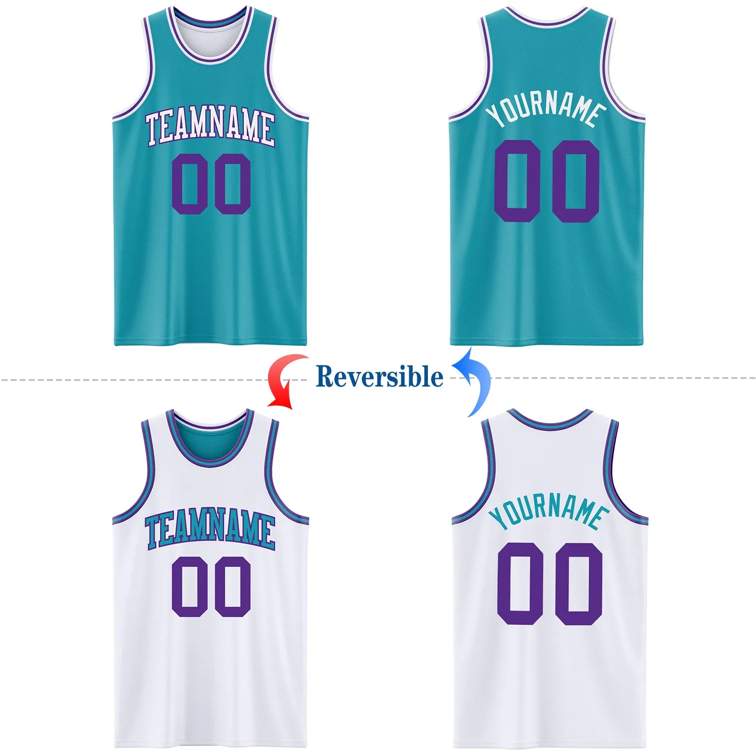 Custom Reversible Teal Purple-White Double Side Basketball Jersey