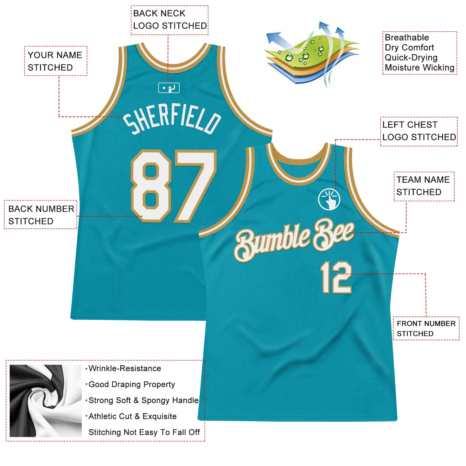 Custom Teal White-Old Gold Authentic Throwback Basketball Jersey
