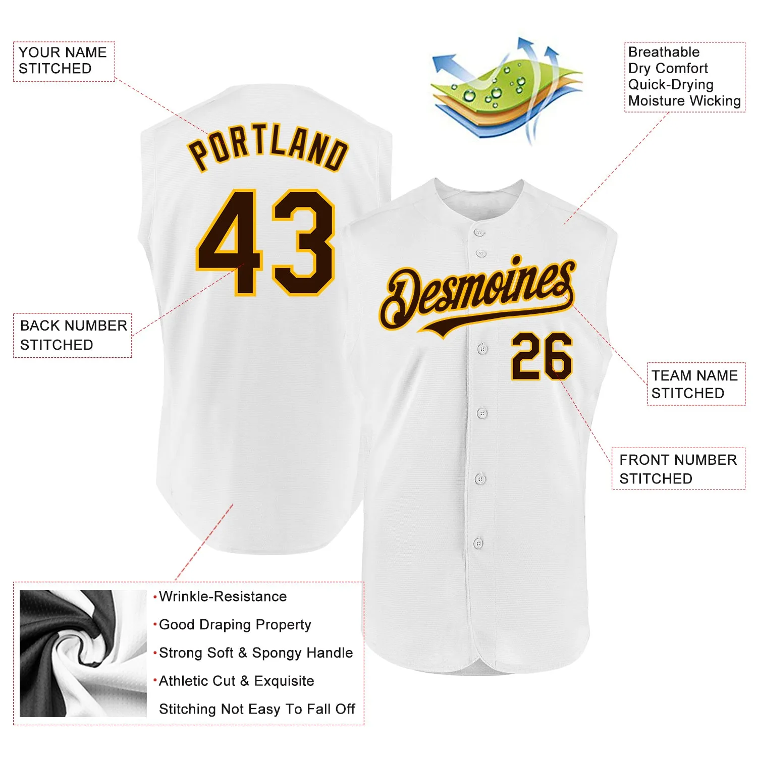Custom White Brown-Gold Authentic Sleeveless Baseball Jersey