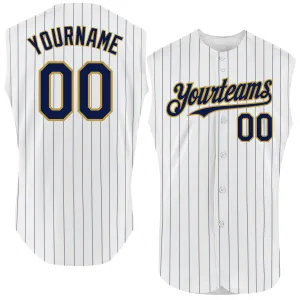Custom White Navy Pinstripe Old Gold Authentic Sleeveless Baseball Jersey