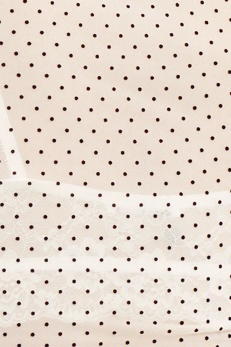Polka Dot Mesh Short Sleeve V Neck Ruched Top
